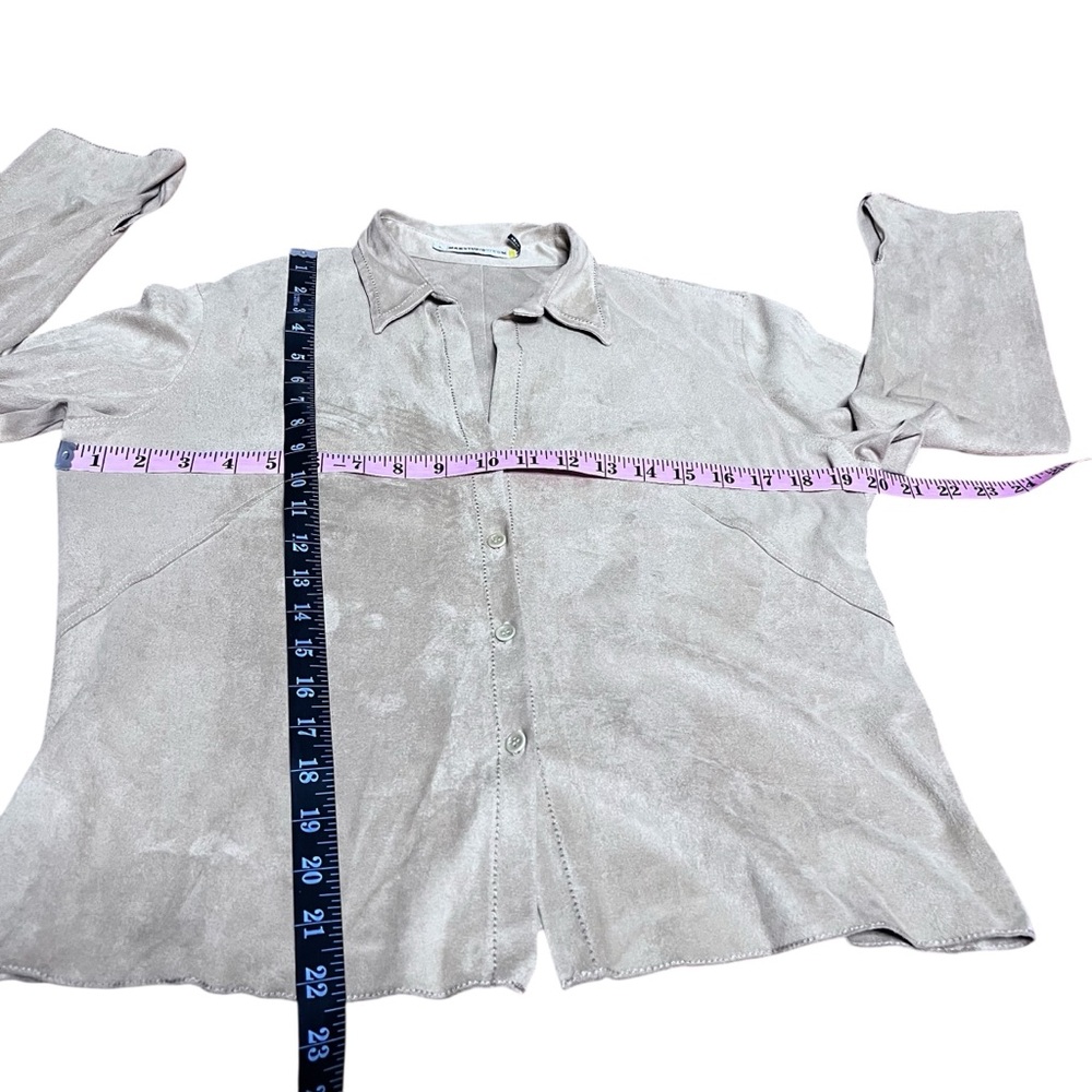 VINTAGE MAXSTUDIO Faux Suede 90s Y2K Beige Chamois Flare Sleeve Blouse SZ: L - Picture 8 of 10